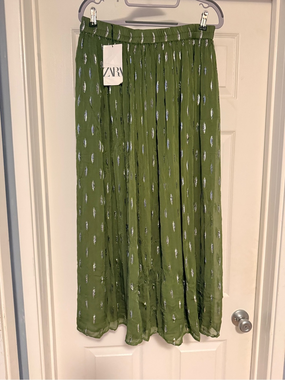 ZARA Olive Metallic Thread Flowy Boho Maxi Skirt Medium NWT